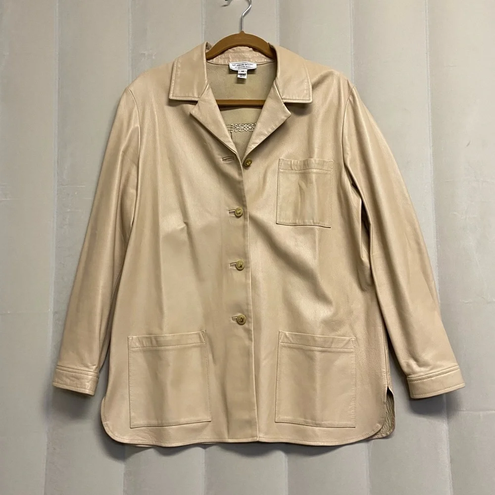 St. John Sport Marie Gray Women’s Jacket Medium 100% Leather Luxury Neutral